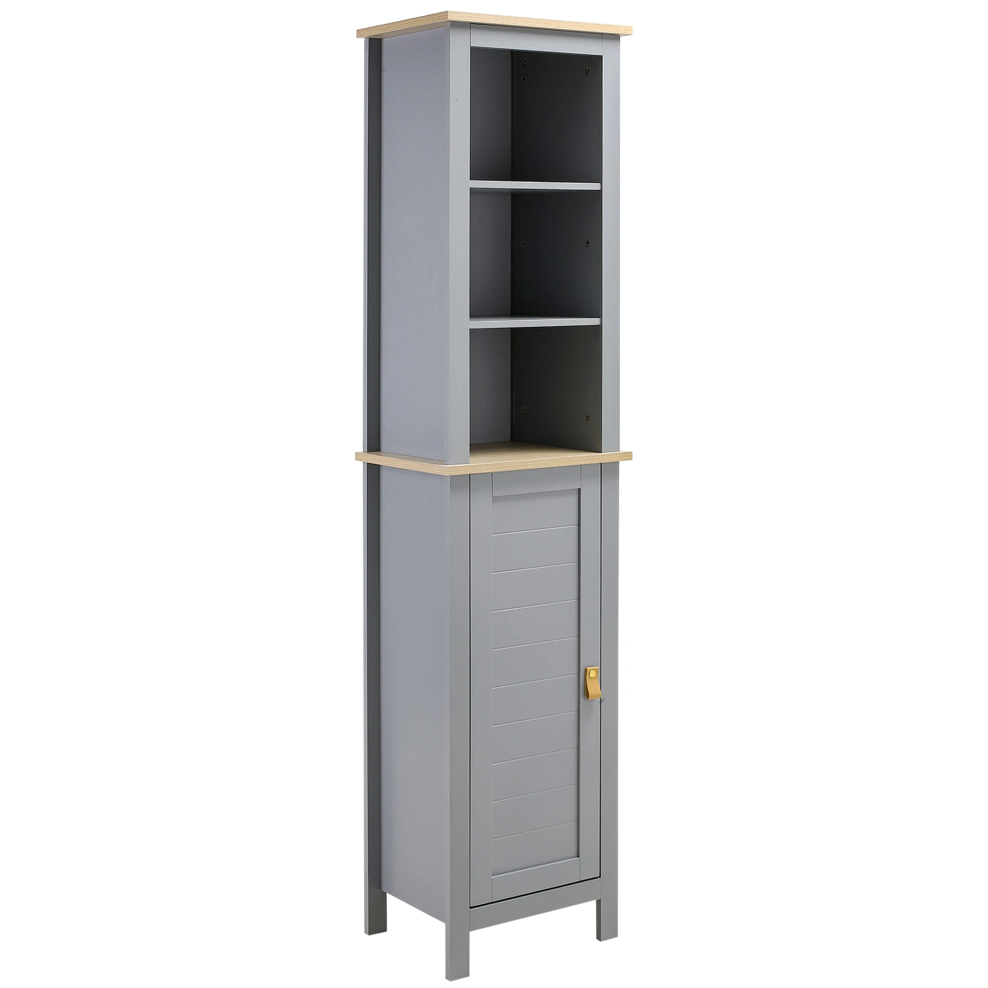 Kleankin high bathroom cabinet modern narrow column furniture with 1 door adjustable shelf and 3 compartments 39x30x168cm Gray