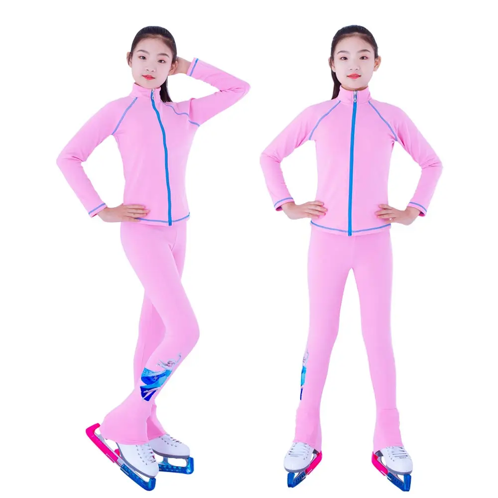 Customized Figure Skating Suits Jacket and Pants Long Trousers for Girl Women Training Ice Skating Warm black pink Mesh sleeve