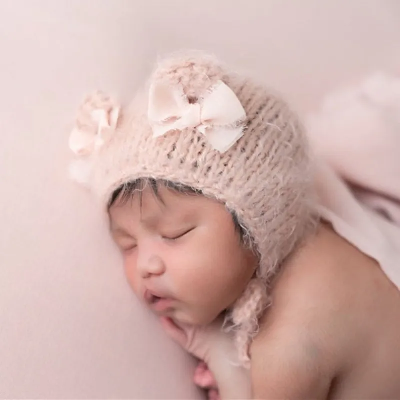 Cute Newborn Baby Knitted Hat Mohair Knitting Soft Bear Bonnet With Bow Infant Animal Cap Photo Props Accessories