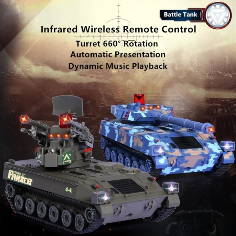 Simulation Infrared Control Armored RC Tank Machine Gun Fire 660 Degree Rotating Shooting Turret Acousto-optic Music RC Tank Toy