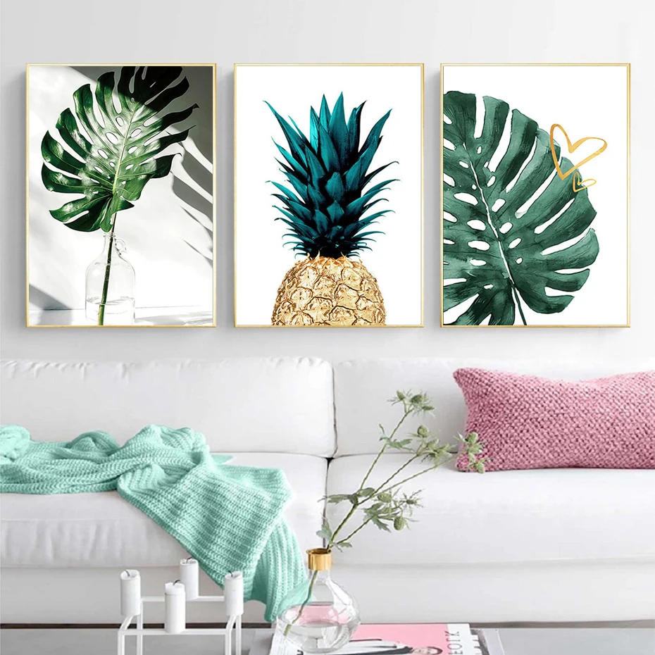 Golden Plants Green Leaves Pineapple Painting Canvas Art Poster And Prints Letter Motto WallPicture For Living Room Nordic Decor