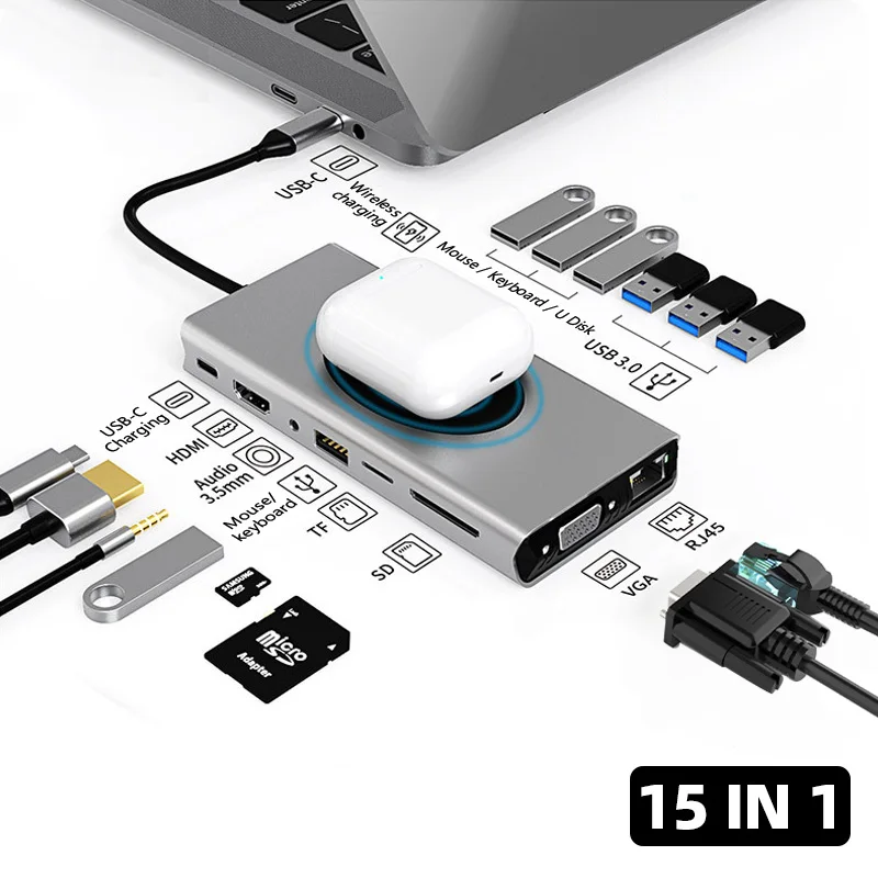 15 In 1 Docking Station Usb Hub Type C Naar Hdmi-Compatibele Draadloze Opladen Usb 3.0 Adapter Type C hub Dock Station Voor Macbook