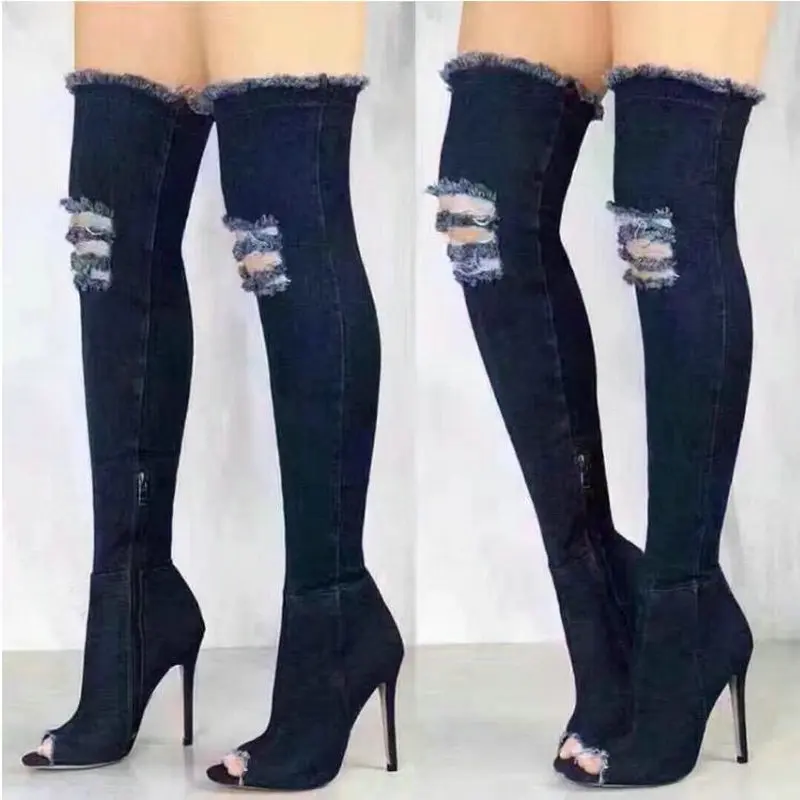 Moda jesień damskie buty na wysokim obcasie zakolanówki buty damskie gorące na buty do kolan Peep Toe kowbojki buty dżinsowe 785