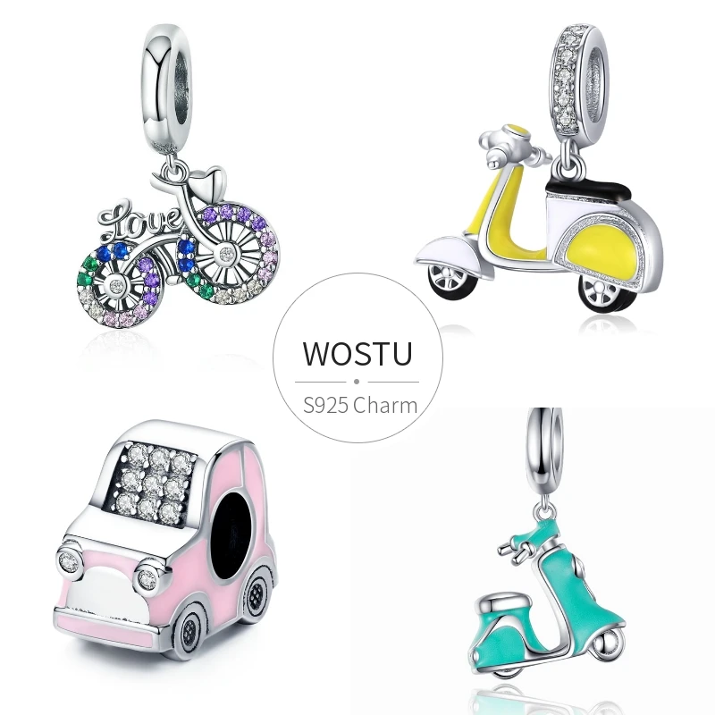 WOSTU Bike Bicycle Car Charms Bead 100% 925 Sterling Silver Fit Original Bracelet Pendant For Women Necklace Fashion Jewelry