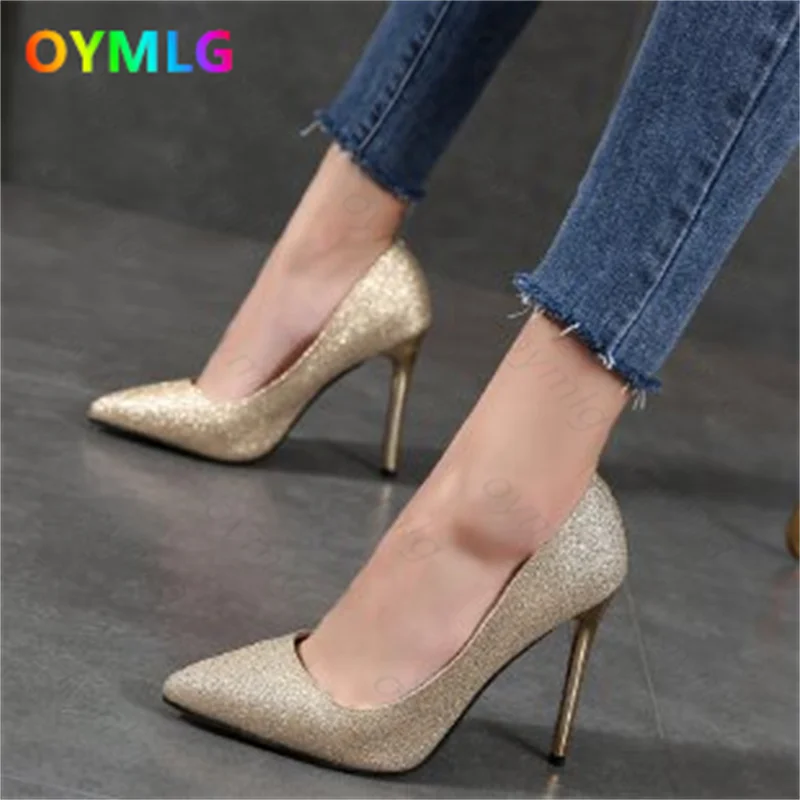 

High heels female 2021 autumn new sexy sequined rhinestone gold silver wedding shoes stiletto pointed shoes