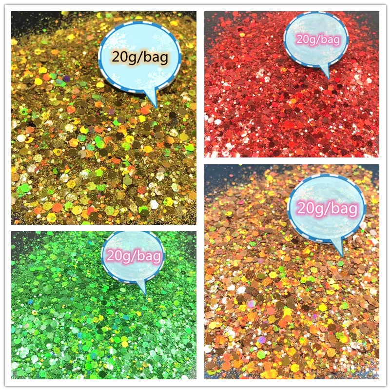 20g/bag  Laser Hexagon Holographic Chunky Glitter Nail Tips Glitter Powder Mermaid  Flakes Sparkly Glitter Resin Crystal mud