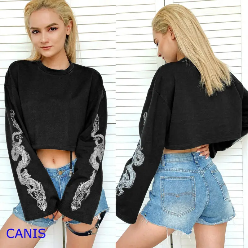 

Women Long Sleeve Sweatshirt Jumper Crop Top Printing Pullover Tops