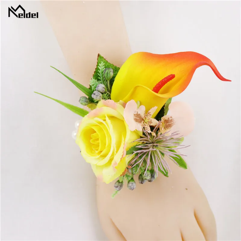 Meldel Groomsmen Wedding Boutonniere PU Calla Lily Artificial Silk Rose Flower Men's Suit Brooch Corsage Party Prom Accessories