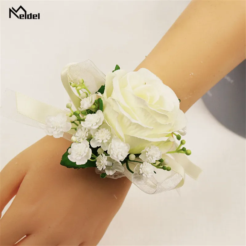 Pulseira branca com rosas, bracelete para madrinhas e damas de honra, bracelete de flores, teste de botão, acessório de terno, broche de casamento