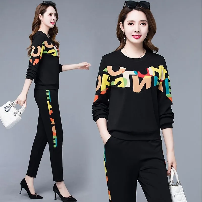 

Fashion casual suit plus size women' spring and autumn new color matching letter printing loose Sweatshirts feet pants two-piece