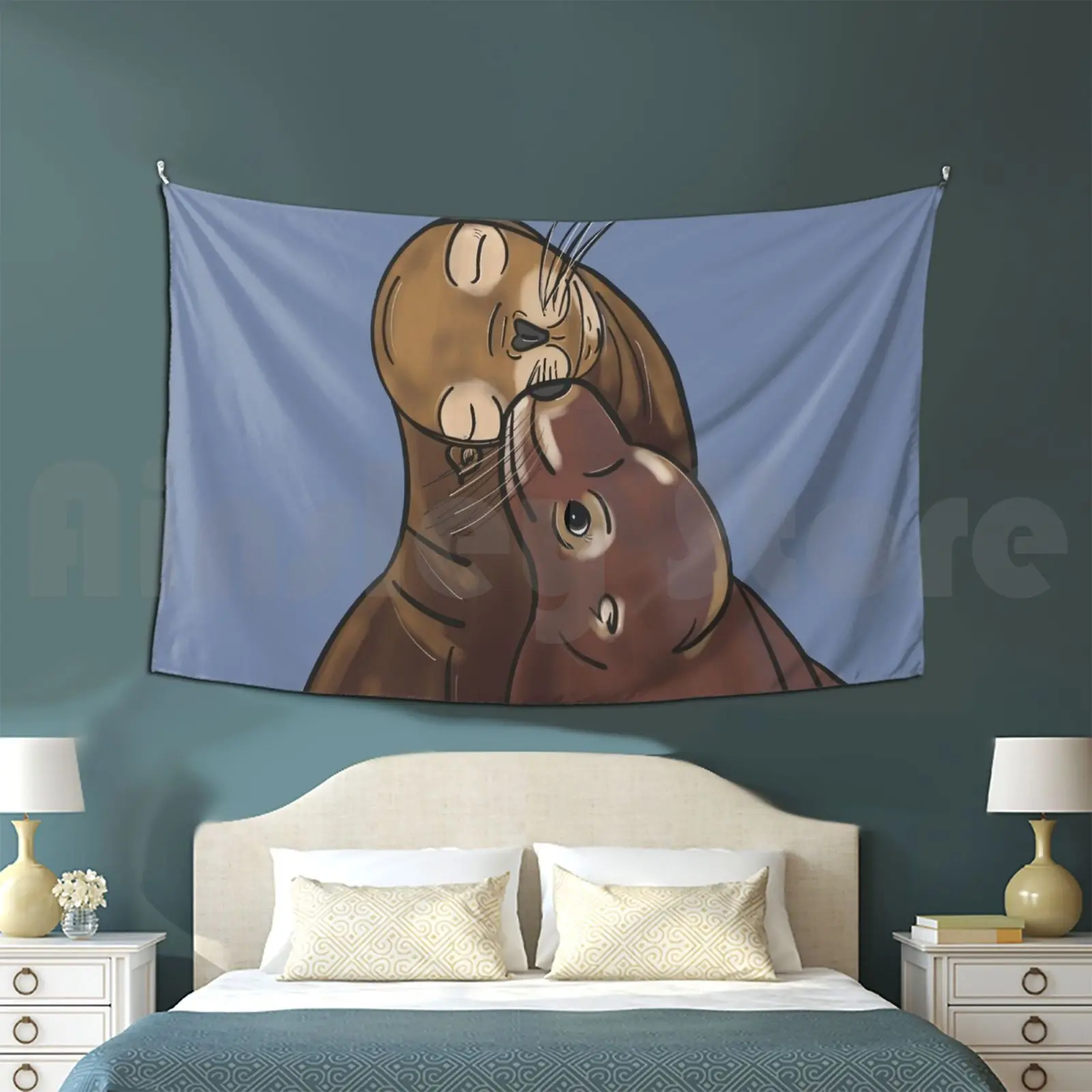 Sea Lion Love-Tapestry Living Room Bedroom 1558 Sea Lions Sea Lion Mammal Marine Marine Life Digital Drawing