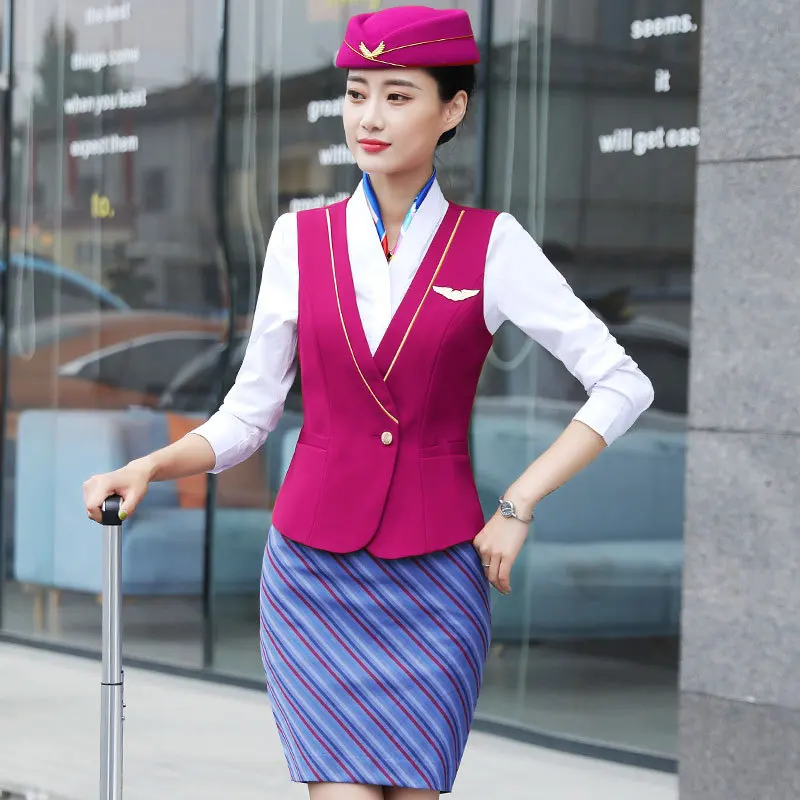 

IZICFLY New Summer Style Formal Business Women Suits Office Sets With Skirt Vest Waistcoat Airline Steward Waiter Work Wear