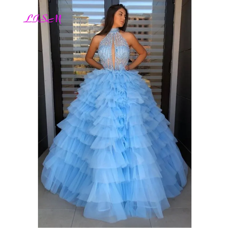 Vestido de baile negro para quinceañera, vestidos Halter con cuentas de cristales, tul hinchado, dulce 16, 15 años, 2021