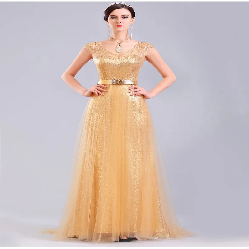 

2018 Custom Made robe de soiree Long Evening Women prom Gown Gold Sequin Tulle Beading Cap Sleeve mother of the bride dresses