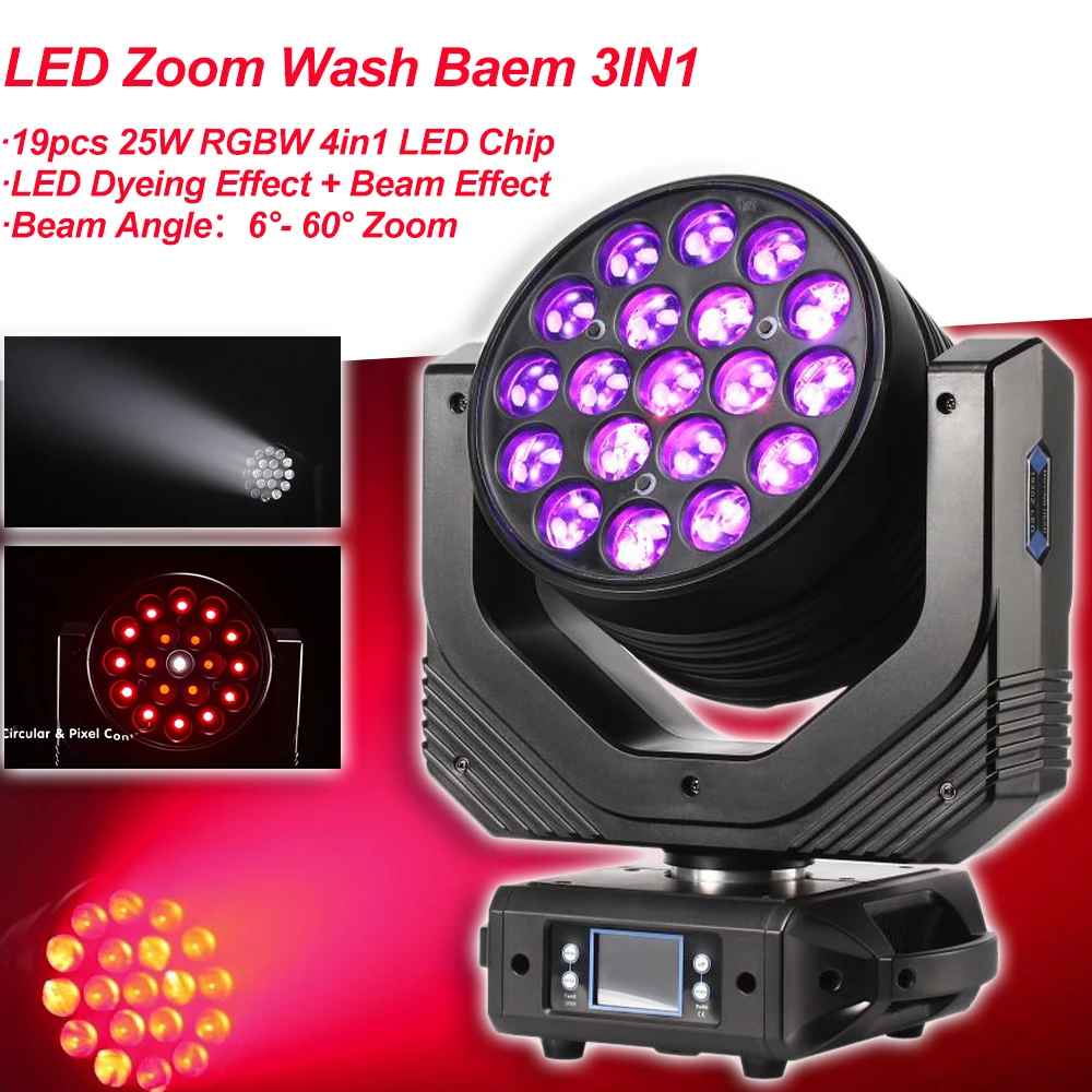 LED 19x25W RGBW Beam+Wash Zoom Moving Head Light DJ Stage Light Equipment Concert Productions Professionals KTV Party Wedding