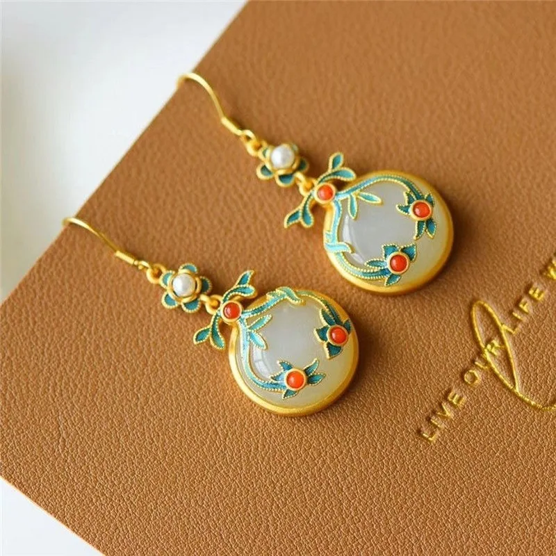 Natural Hetian jade safe buckle  925 silver enamel auspicious cloud  ethnic style retro bohemian female earrings