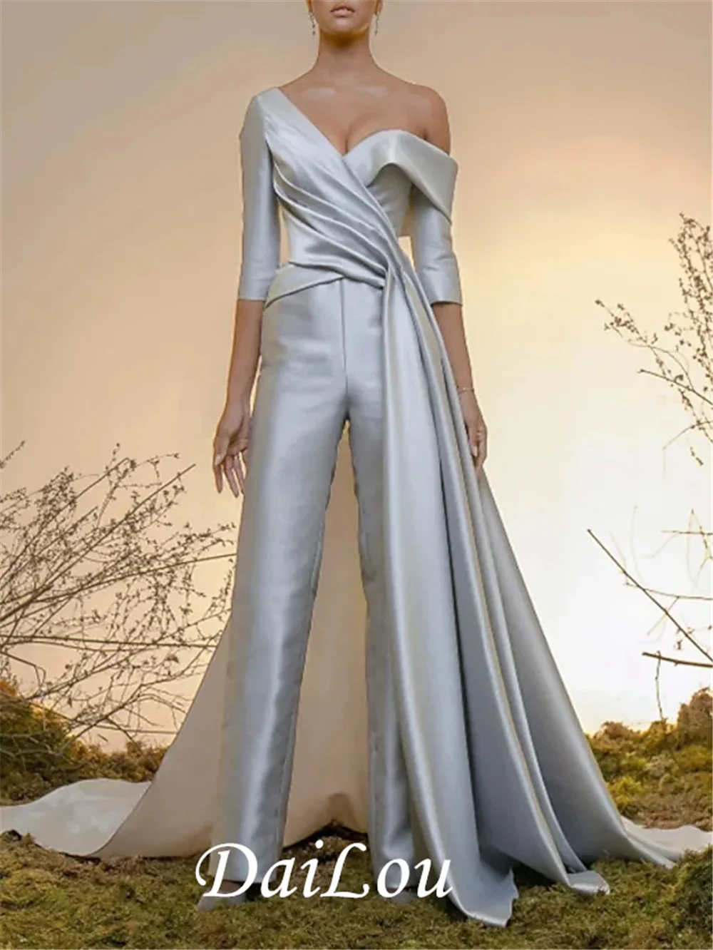 Jumpsuits Minimalist Elegant Engagement Evening Dress Off Shoulder Half Sleeve Court Train Satin with Pleats Overskirt 2022