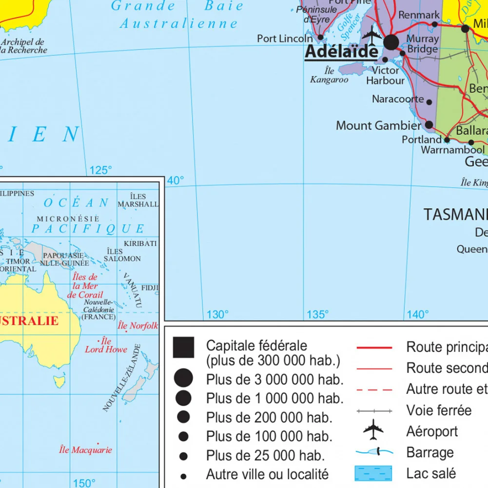 Affiche en toile Non tissée de la carte de l'australie en français, grand format 150x225cm, peinture, décoration de la maison, fournitures scolaires