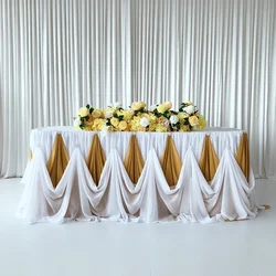 Gold White Chiffon Table Skirt with Diamond Brooch, Wedding Party Decor, New Design , 10 ftx30 inch, 1 Pc