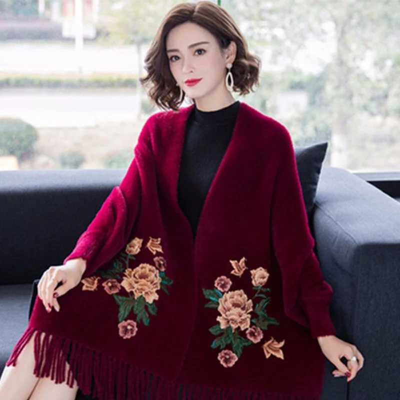 

Mink Hair Embroidered Tassel Knitted Shawl Women Long-sleeved Cardigan Thick High-end Warm Cloak Sweater Poncho Female Autumn