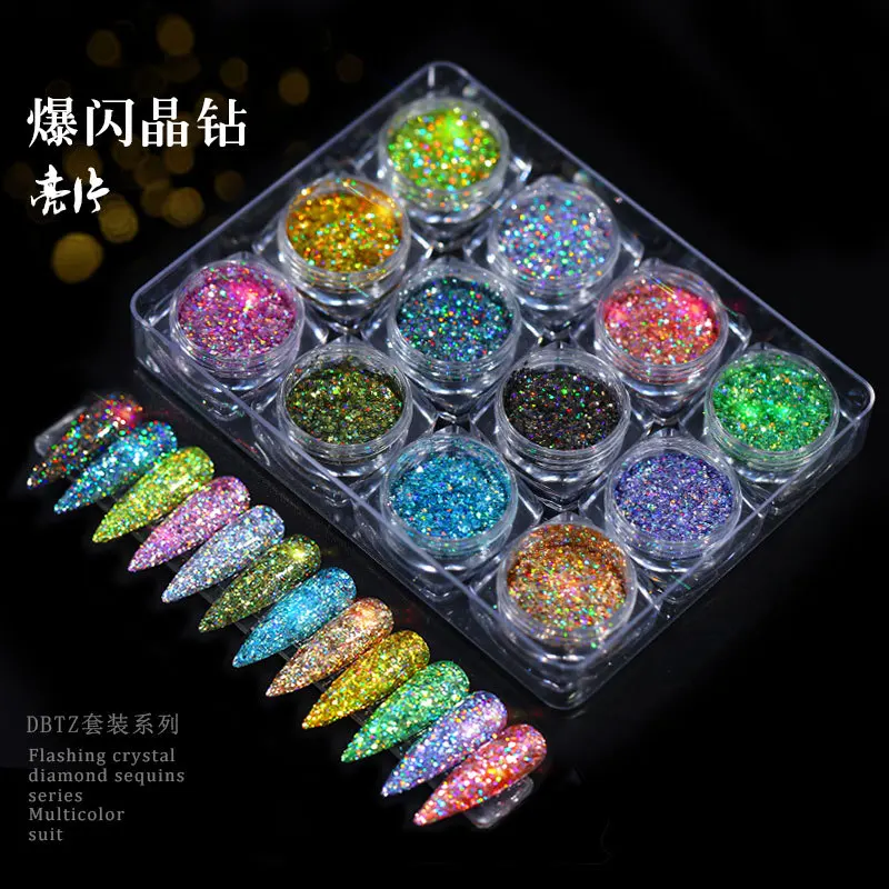 

12Pcs/Set Mixed Holographic Nail Glitter Flakes Sequins Caviar Powder Diamond Round Mermaid Paillette Nail Art Decorations