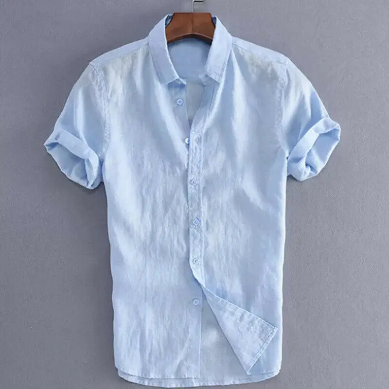 Men\'s Shirts Linen Short Sleeve Summer Solid Shirts Casual Loose Turn-down Collar Blouse Male Breathable Shirt Chemises homme