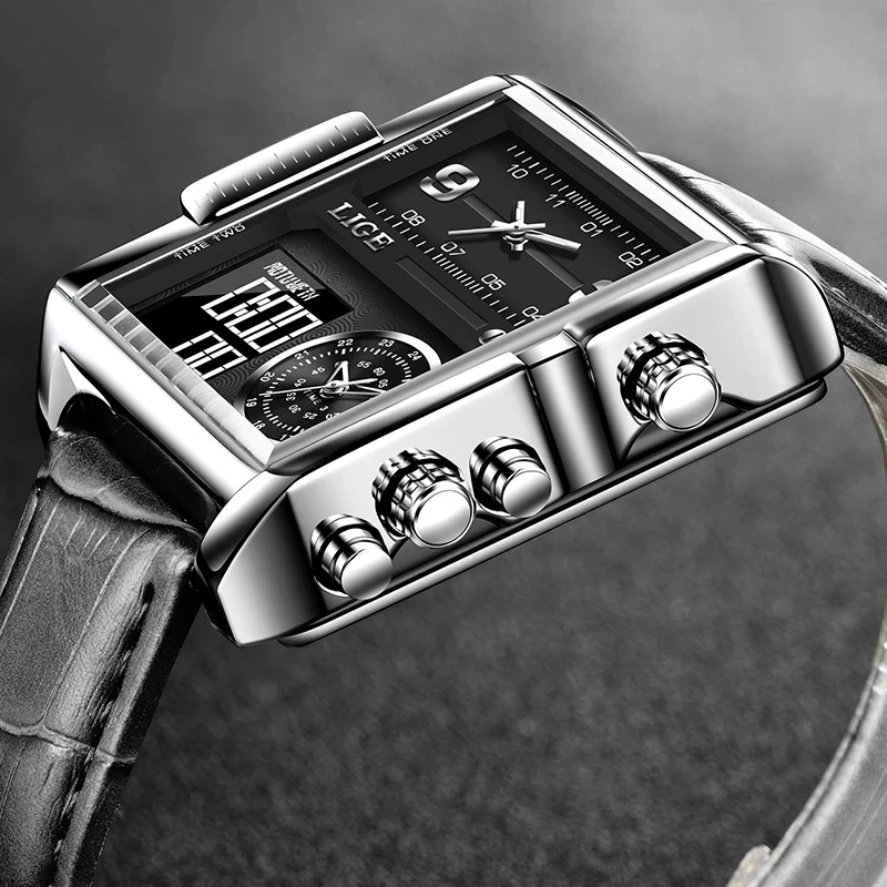2025 New Casual Leather Mens Watches Top Brand Luxury Double Quartz Watch For Men Waterproof Week Date Electronic Digital Clocks