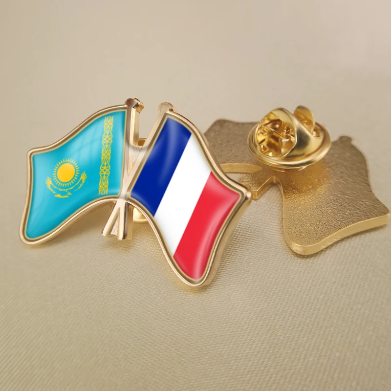 

Kazakhstan and France Crossed Double Friendship Flags Lapel Pins Brooch Badges