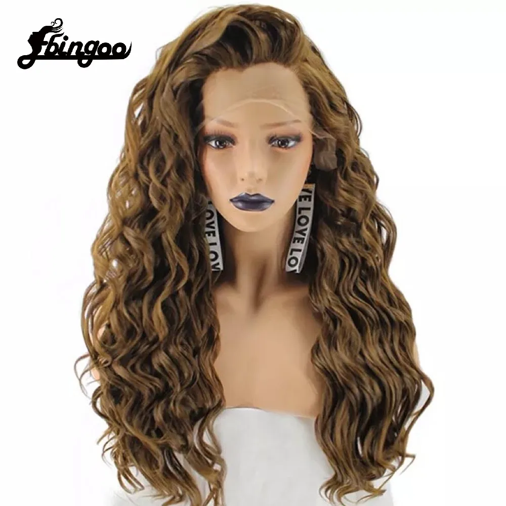 Ebingoo 13*2.5 Free Part High Temperature Fiber Hair Wigs Long Curly Ombre Dark Brown Synthetic Lace Front Wig For Women