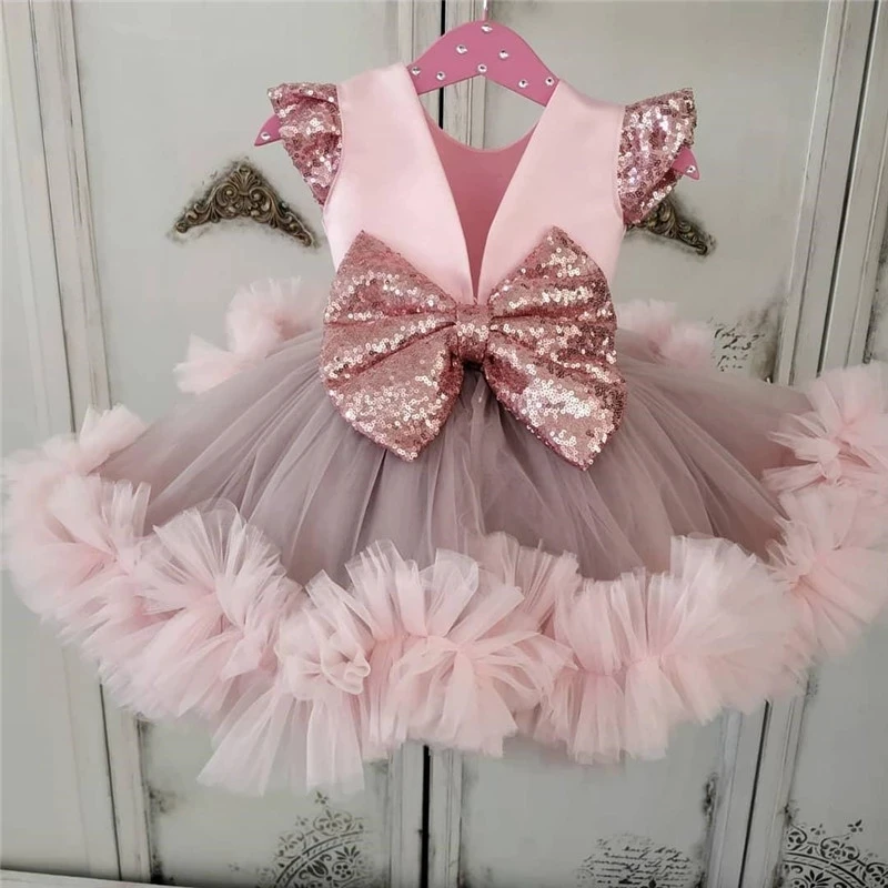 Rosa Baby Mädchen Kleider Knie Länge Puffy Kleinkind Infant Geburtstag Kleider Tutu Blume Mädchen Kleider Mit Pailletten Bögen