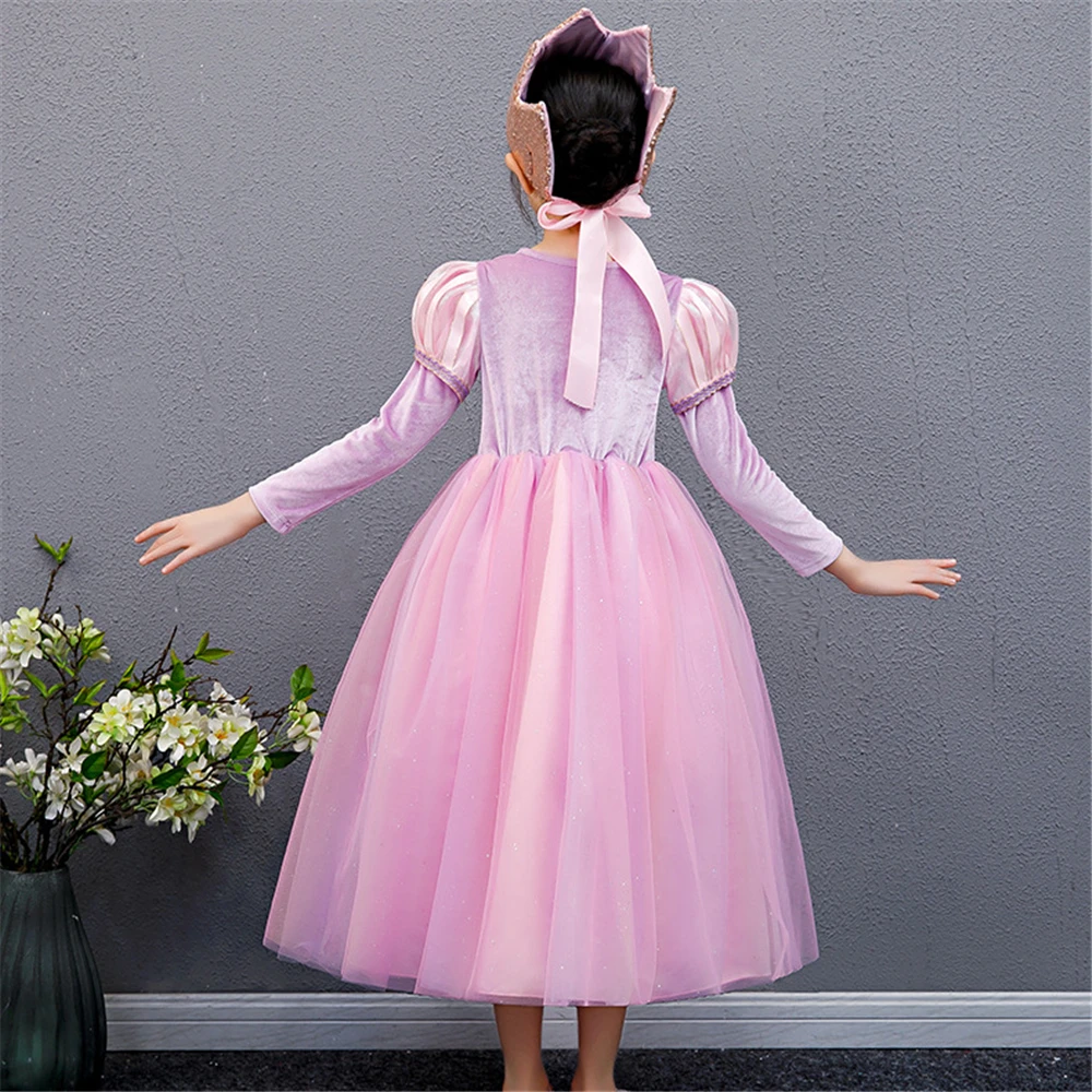 Vestido de Rapunzel para niñas, disfraz de Halloween enredado, cumpleaños, manga larga, tutú rosa, Estilo Vintage, Princesa, peluca