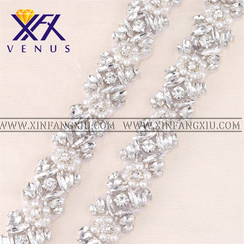 

XFX VENUS 10 pcs Pearl Rhinestones Applique Patches For Wedding Dresses Sew On Crystal Strass Rhinestones Beaded Sash Belt