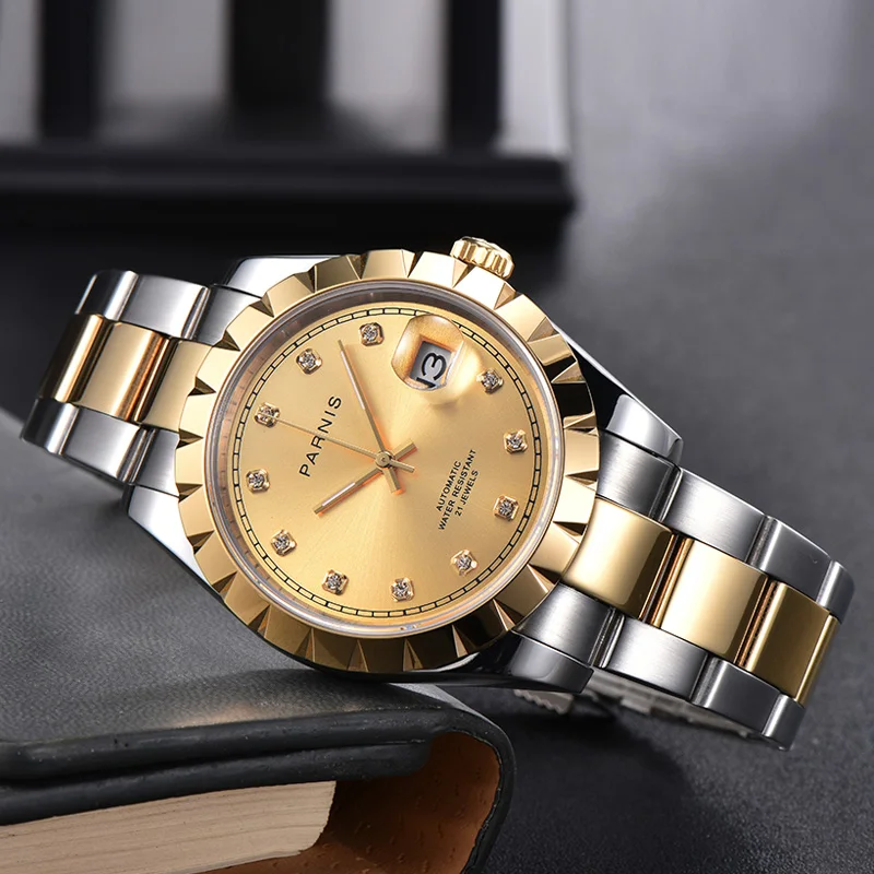 

39mm parnis Gold dial sapphire glass date miyota 8215 automatic movement mens watch