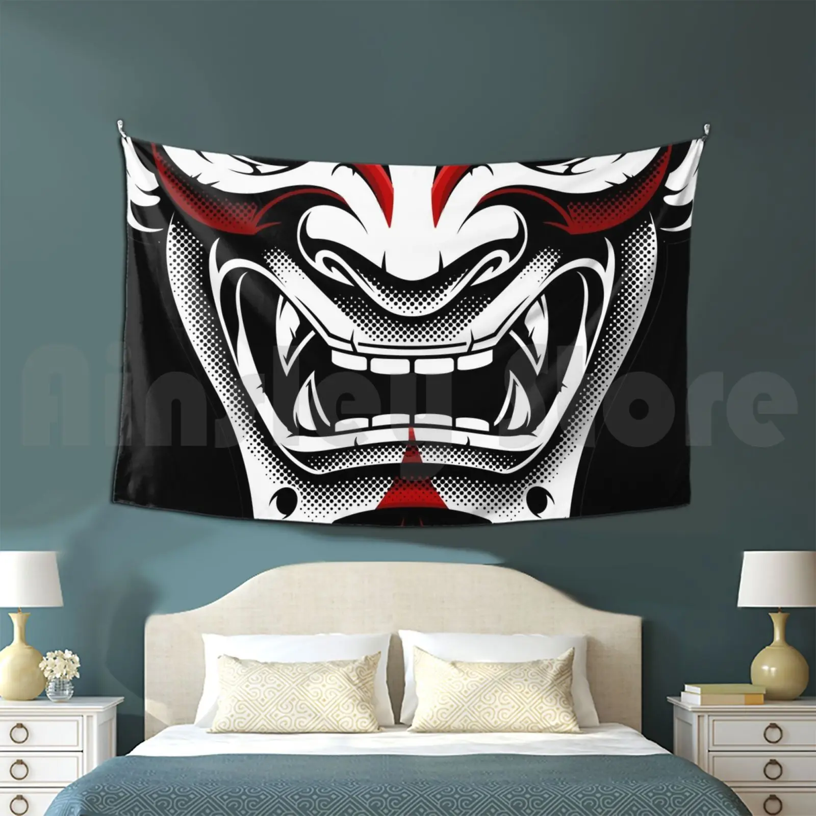 White & Red Okami Kitsune Kabuki Japanese Oni Demon Tapestry Living Room Bedroom Video Games Gamer Ghost Of