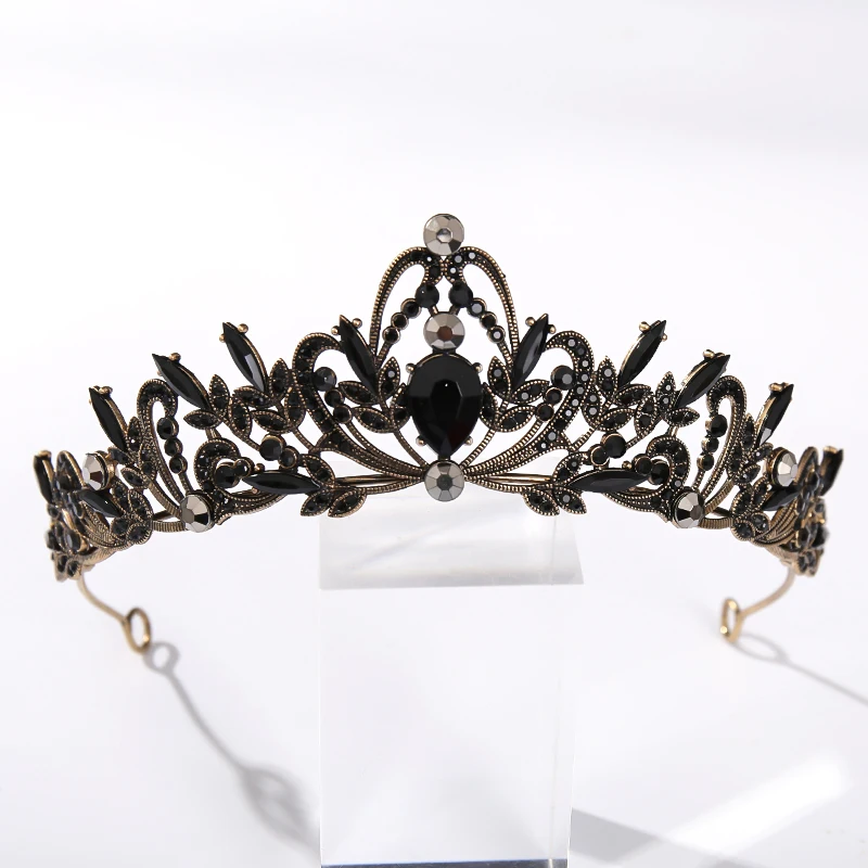 Vintage barokowy kolor czarny królowa Diadem korona Diadem kryształ Rhinestone biżuteria do włosów ślubna chluba ślubne akcesoria do włosów