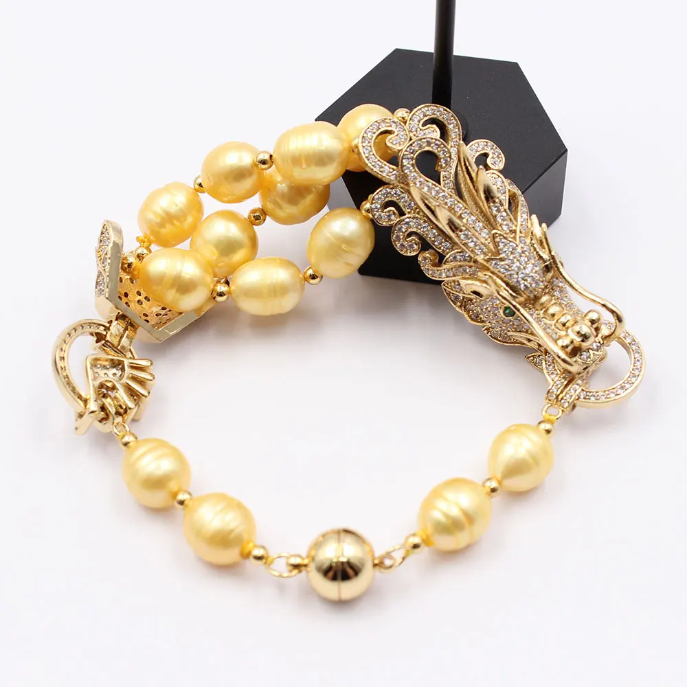 GuaiGuai Jewelry Yellow Golden Rice Pearl Bracelet Dragon CZ Pave Connector Bangle Handmade For Women