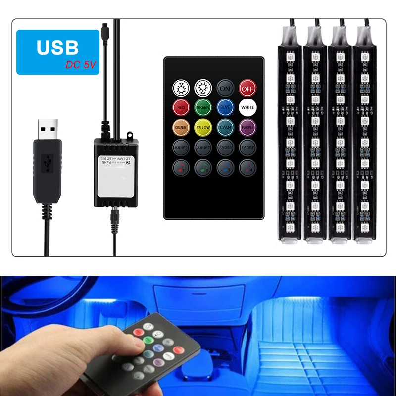 Car Interior Atmosphere LED RGB Strip Light Dash Floor Foot RGB LED Strip Decorative Light Music sound Control Multiple lighting