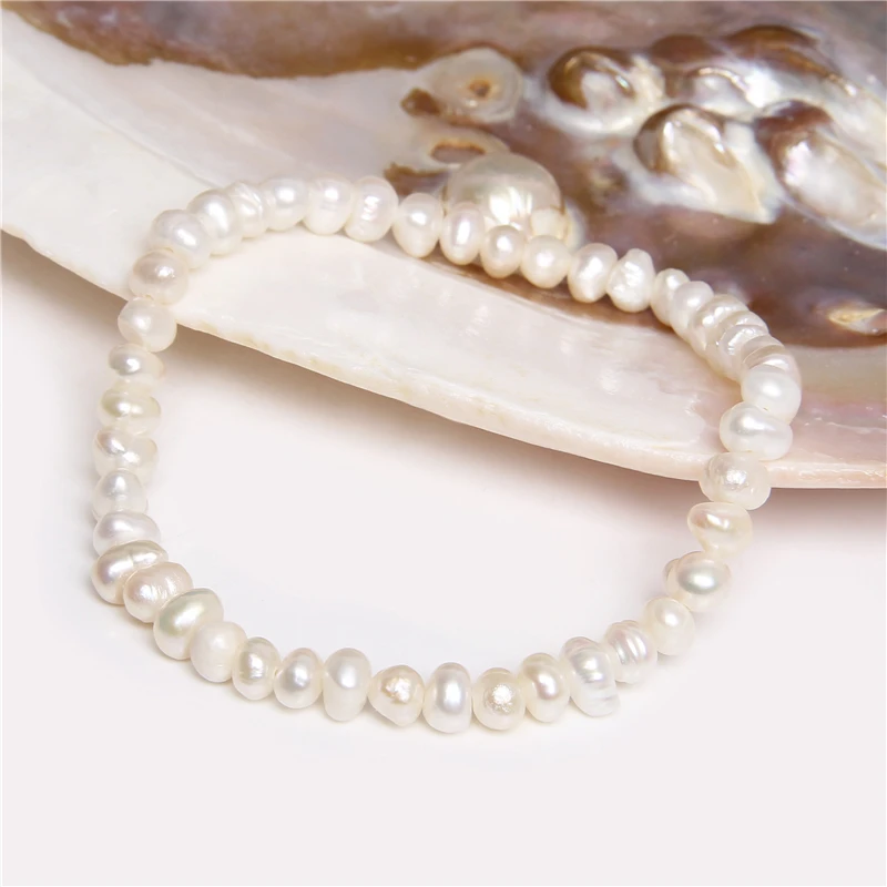 5-5.5mm Natural Freshwater White Pearl Bracelet Elastic Baroque Genuine Pearls Beaded Bangles Chain for Women Fine Jewelry Gifts