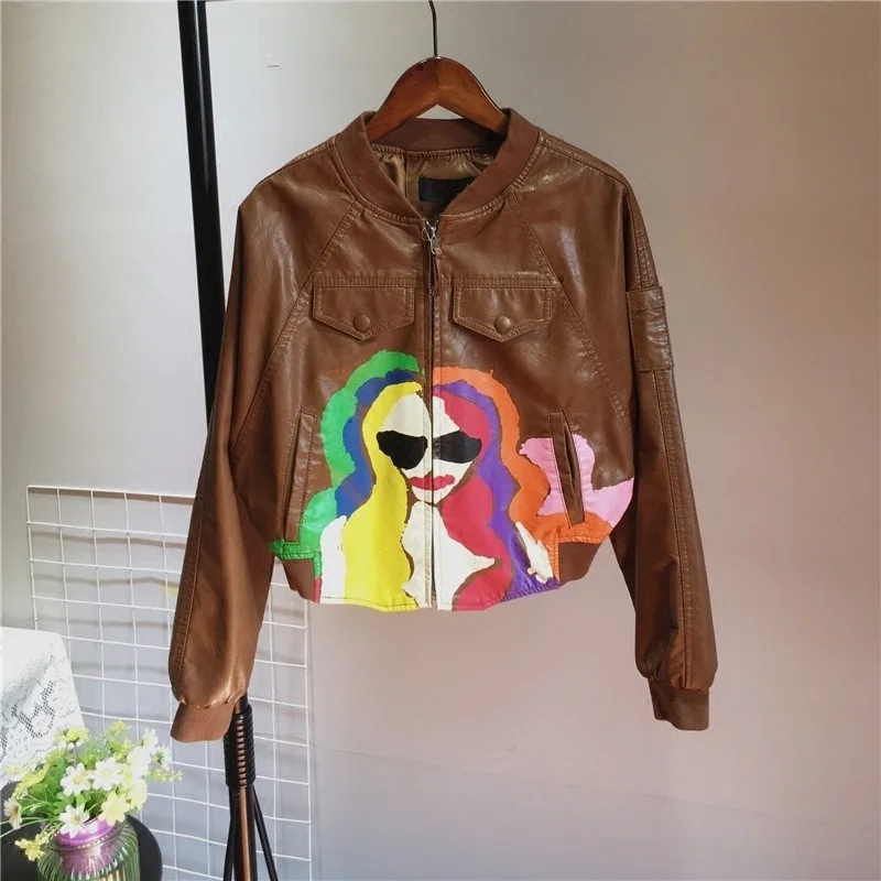 Printed Fashion Batwing Sleeve Pu Leather Jacket Female Streetwear Loose Long Sleeve Biker Short Jacket Autumn Hip Hop Outerwear