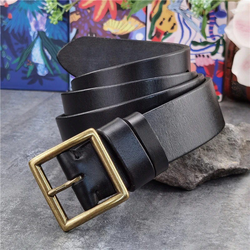 Retro  Jeans Leather Belt Men Ceinture Vintage Brass Belt Buckle Genuine Leather Belts For Men Long Waist Belt Male MBT0009