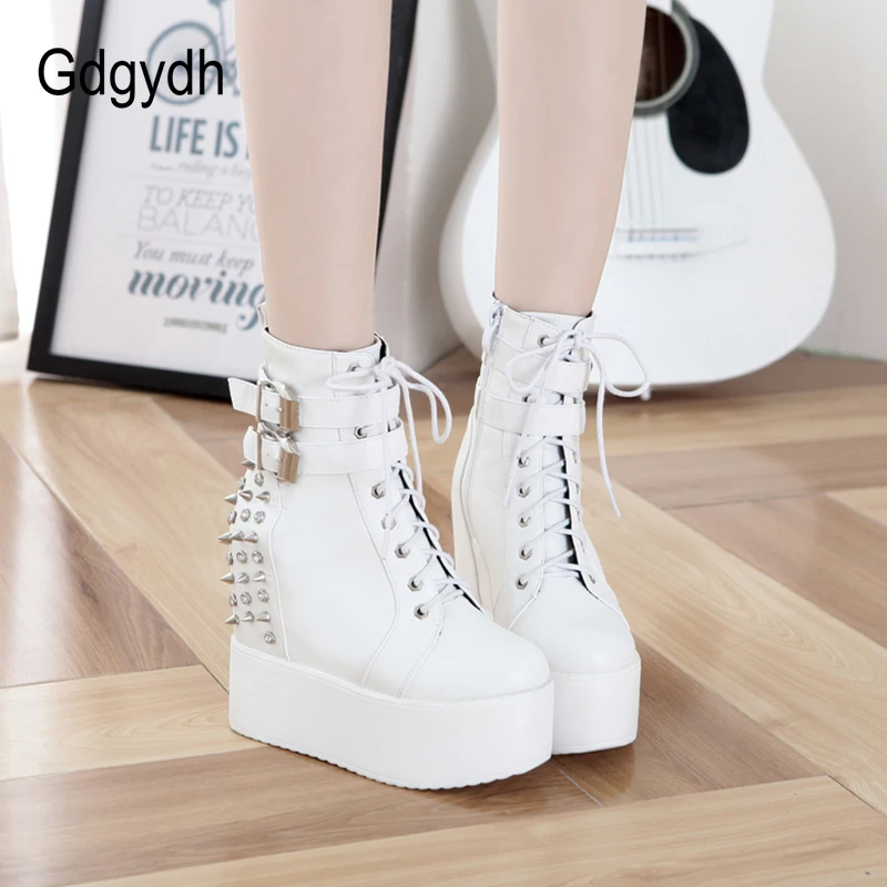 Gdgydh 2022 Round Toe Metal Rivets Ankel Boots For Women Black White Gothic Female Shoes Drop Shipping Wedges High Heels Shoes