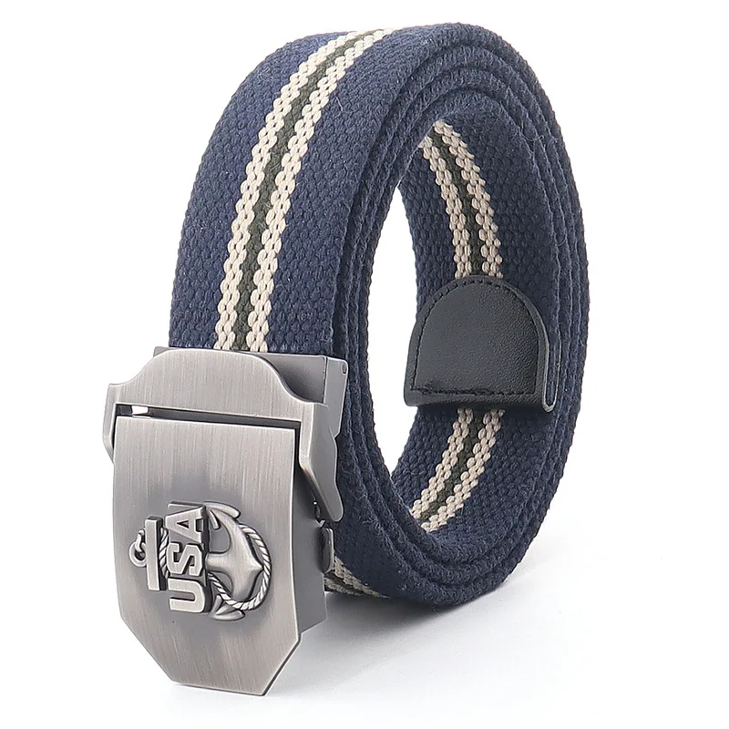 Men's Western Adjustable Canvas Belt with Automatic USA Model Buckle Country Style Fashion Metal Belt for Jeans