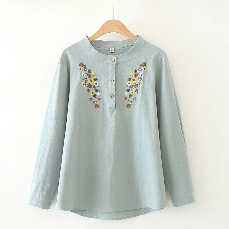 Autumn Women Shirts Ladies Chest Embroidery Tops Female Long Sleeve Blouses COTTON&LINEN Loose Plus Size Clothing F32 F195