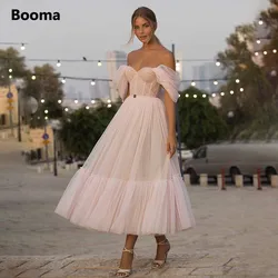 Booma Blush Pink Short Prom Dresses Off Shoulder Tiered Skirt A-Line Party Dresses Pleat Tea-Length Tulle Formal Gown Customized