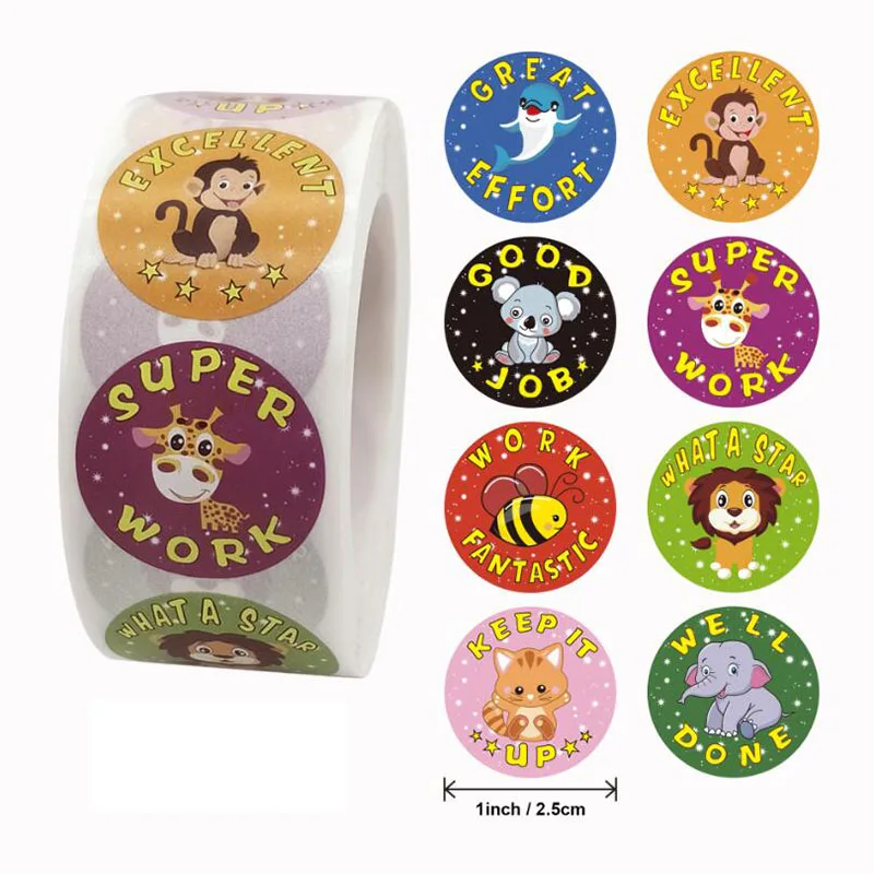 500PCS Reward Stickers Inspirational Sticker Rolls for School Rewards Student Kids Teacher Cute Animal Car Sticker Label