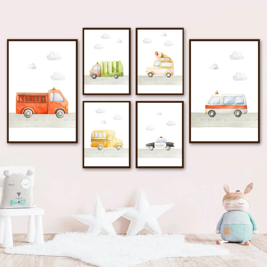 Nordic Pictures Ambulance School Bus Fire Truck Cartoons Wall Art Canvas Painting Nordic Poster And Prints Kids Room Home Decor