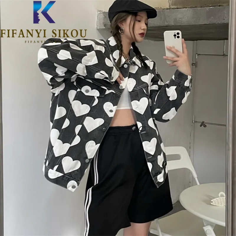 

Jeans Jacket Women Korean Casual Fashion Love Print Denim Jackets Double Pocket Lapel Long Sleeve Loose Jeans Coat Female