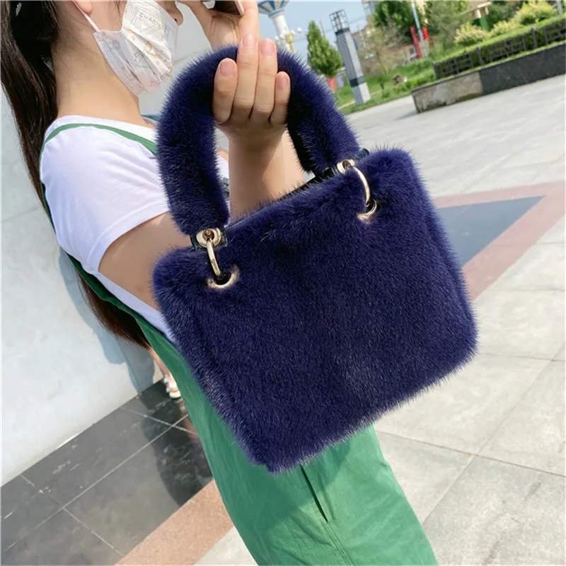 New Mink Fur Bag Leather Grass Mink Fur Bag Can Be Hand-Carried Shoulder Messenger Bag Temperament Versatile Style