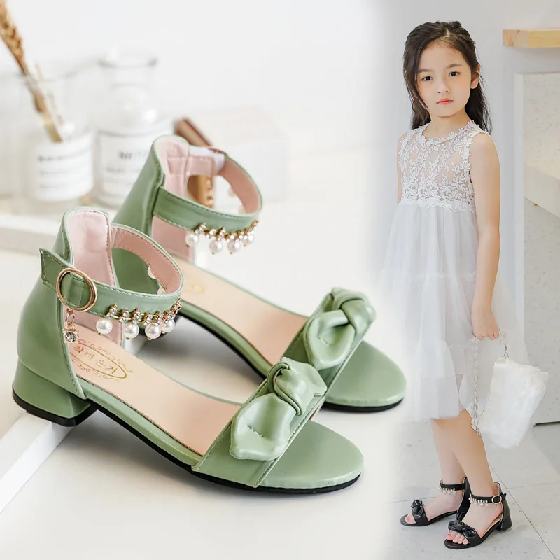 Kids Princess Heels Leather Shoes For Girls Beach Shoes Fashion Bow Crystal Bead Children Summer Sandal 3 5 6 7 8 10 11 12 Years