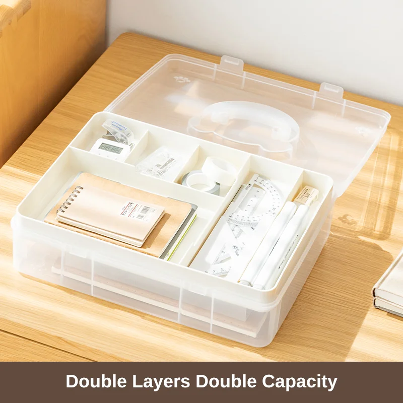 Double Layer Transparent Large Capacity Desk Accessories Organizer Stationery Holder with Carrying Handle for Study Office Home